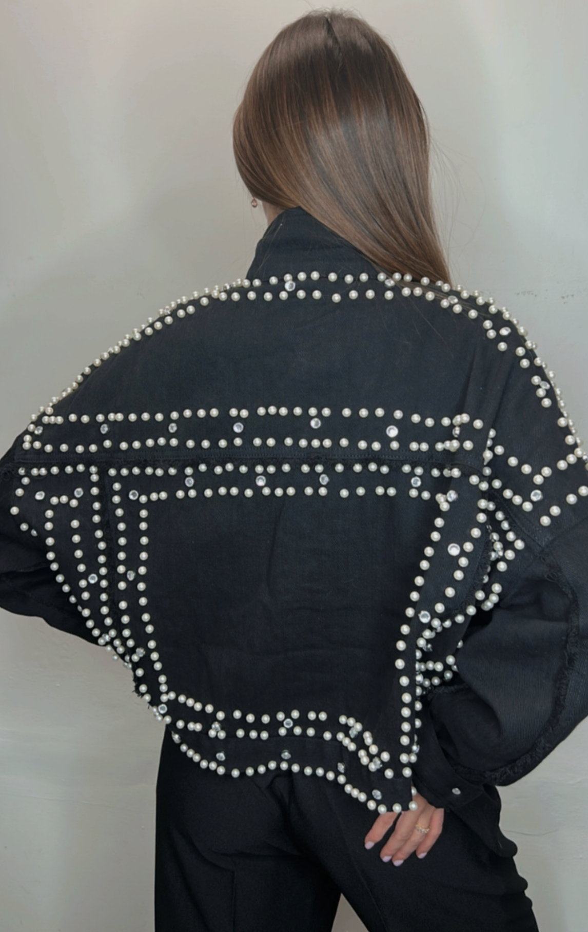 The Pink Door Pearl Studded Black Denim Jacket