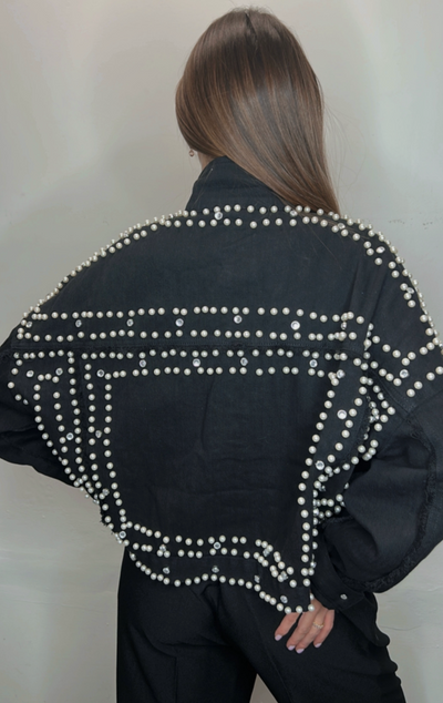 The Pink Door Pearl Studded Black Denim Jacket