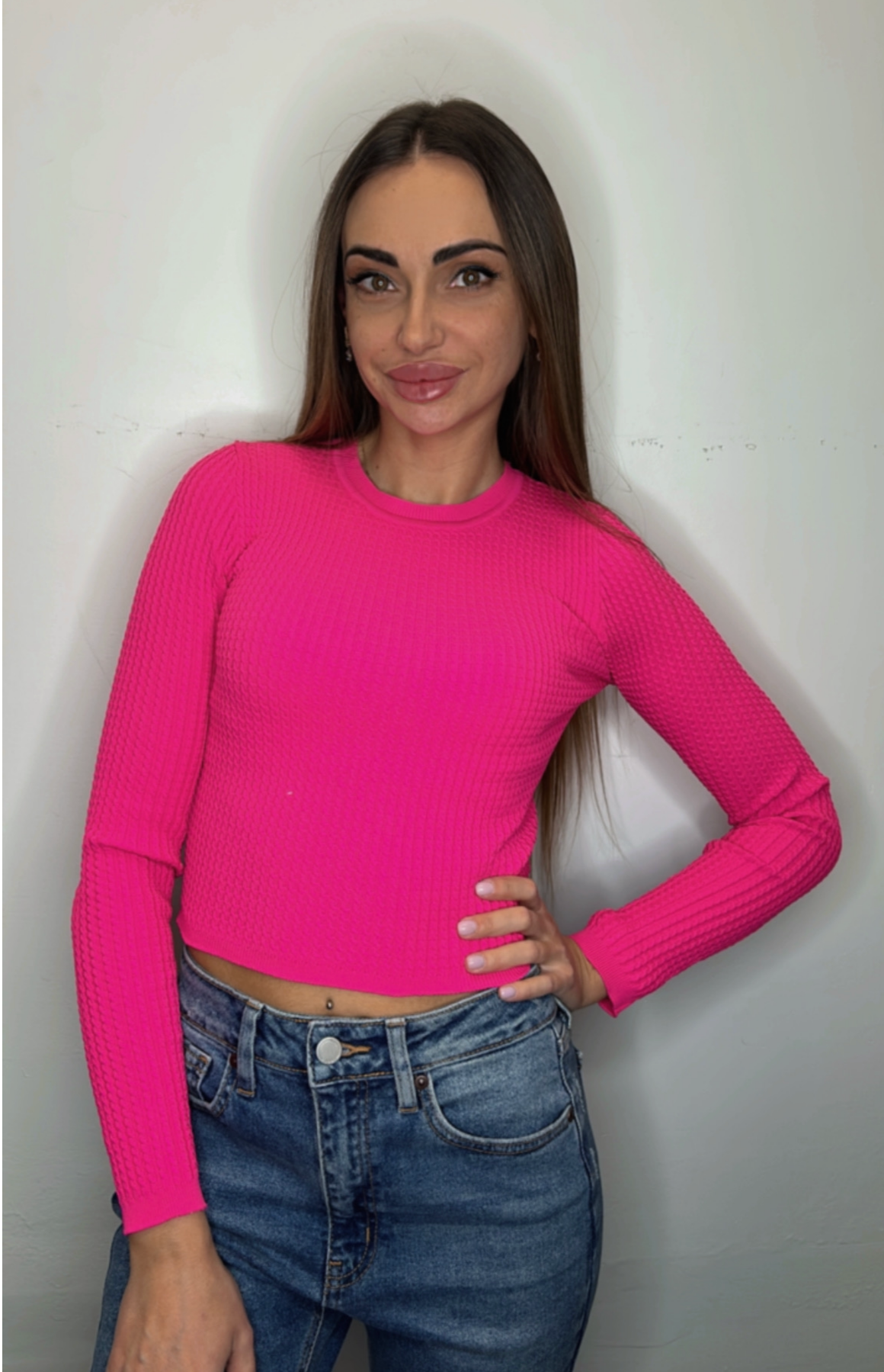 The Pink Door Ribbed L/S Crop Top - Pink