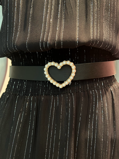 Gold Heart Belt w/ Pearl Detail - Black