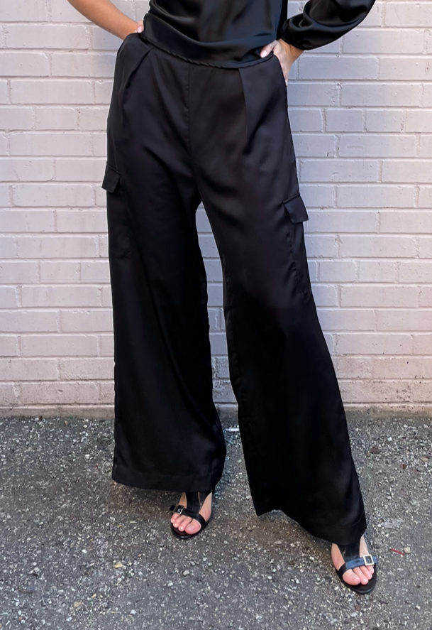 The Pink Door Black Wide Leg Satin Cargo Pants