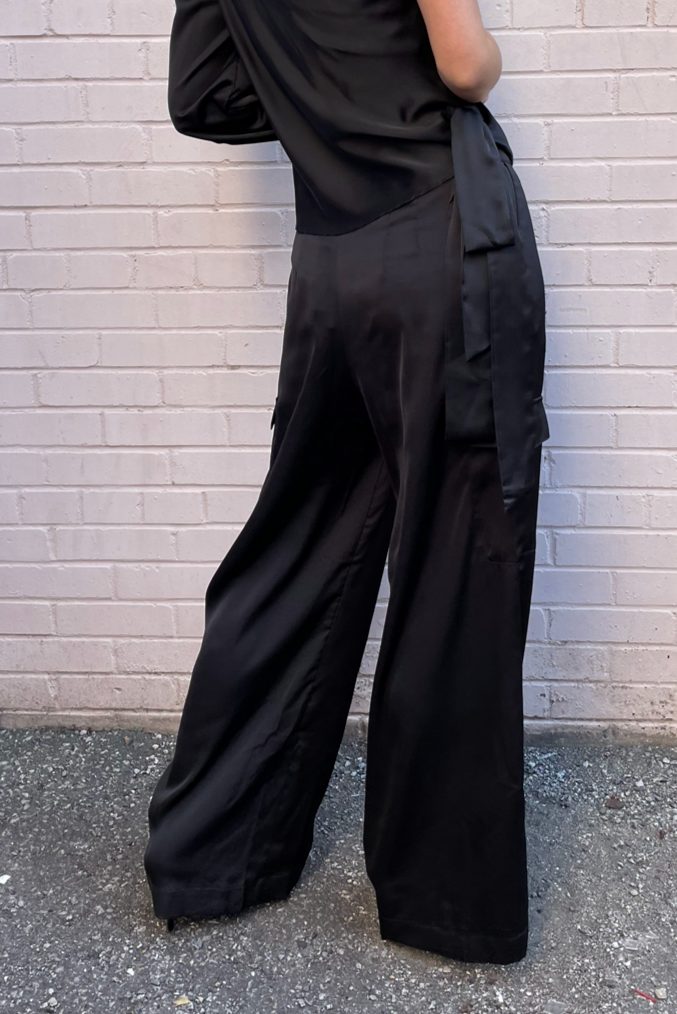 The Pink Door Black Wide Leg Satin Cargo Pants