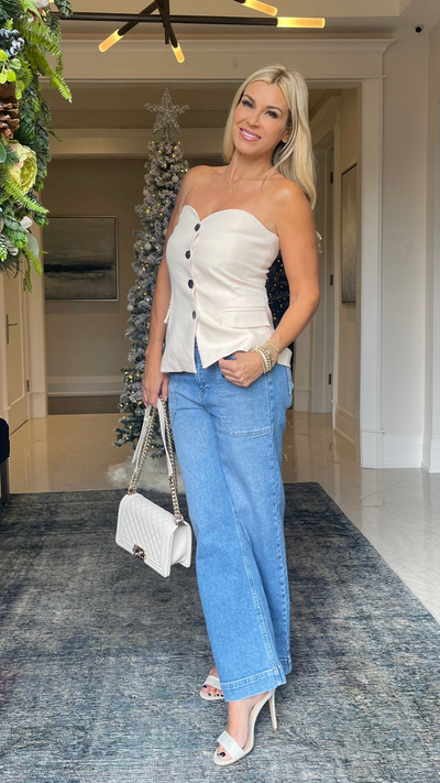 The Pink Door Strapless Button Up Corset Top - Beige