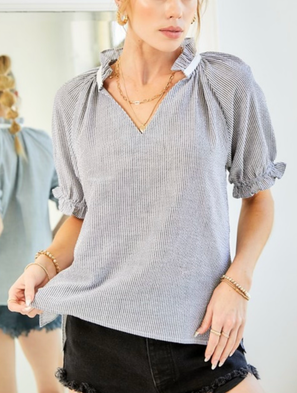 The Pink Door Black Pinstripe Ruffle Top