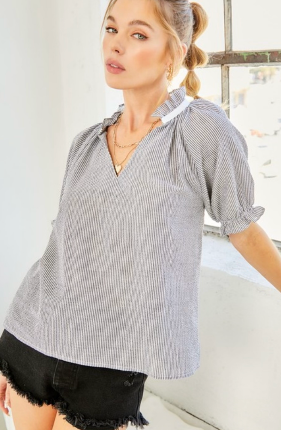The Pink Door Black Pinstripe Ruffle Top