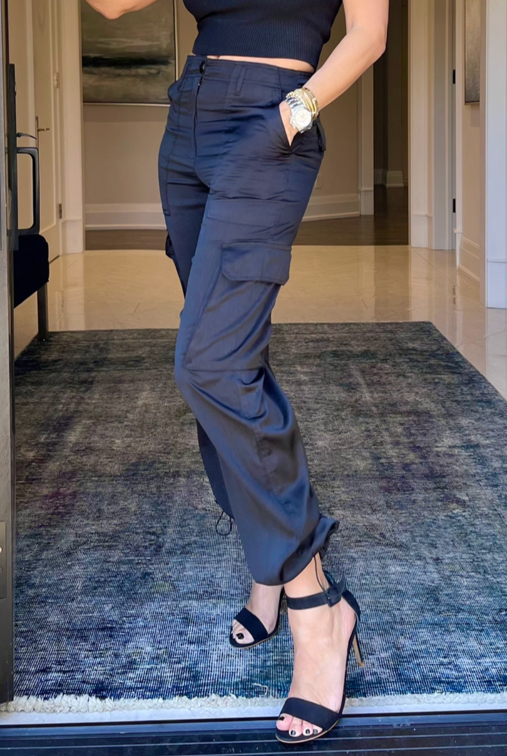 The Pink Door Parachute Style Satin Pants - Black