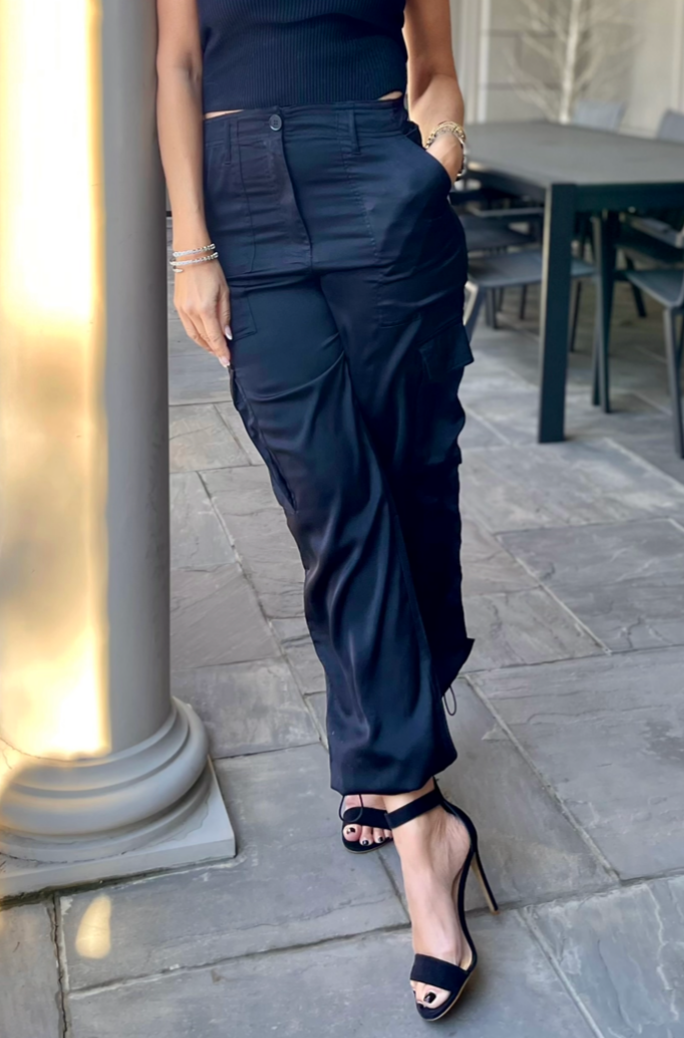 The Pink Door Parachute Style Satin Pants - Black