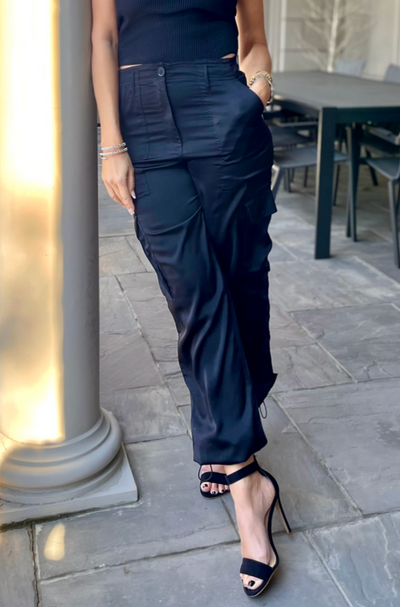 The Pink Door Parachute Style Satin Pants - Black