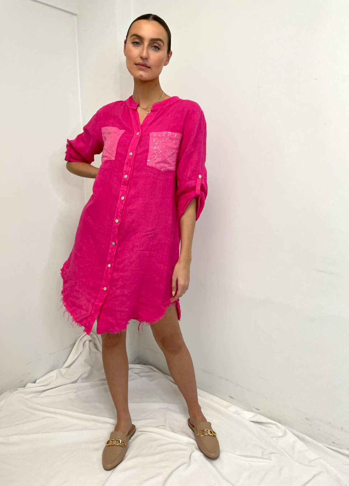 MINI Linen L/S Dress Sparkle Pocket Detail - Hot Pink