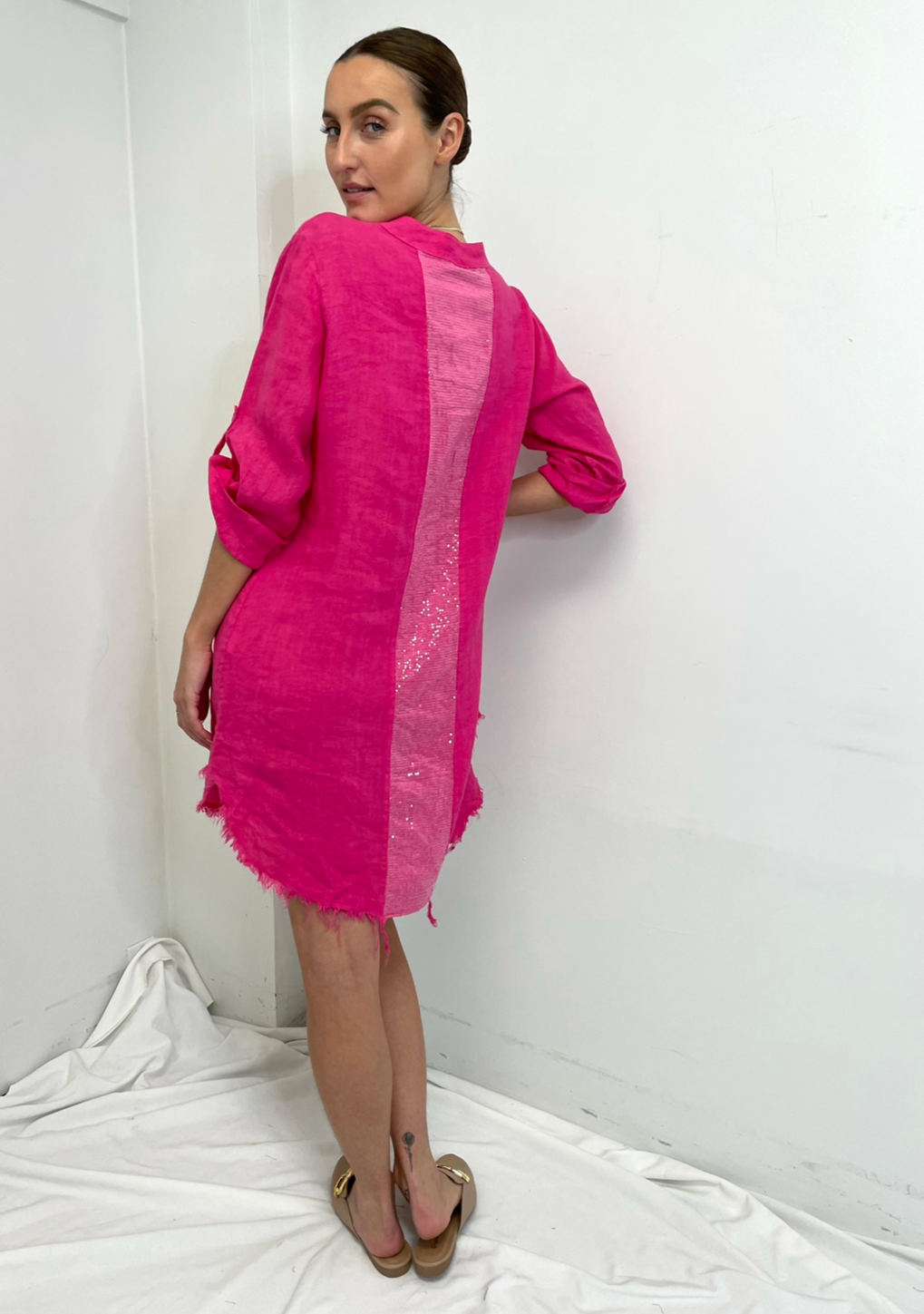 MINI Linen L/S Dress Sparkle Pocket Detail - Hot Pink