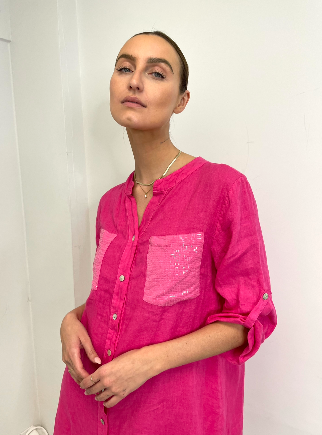 MINI Linen L/S Dress Sparkle Pocket Detail - Hot Pink