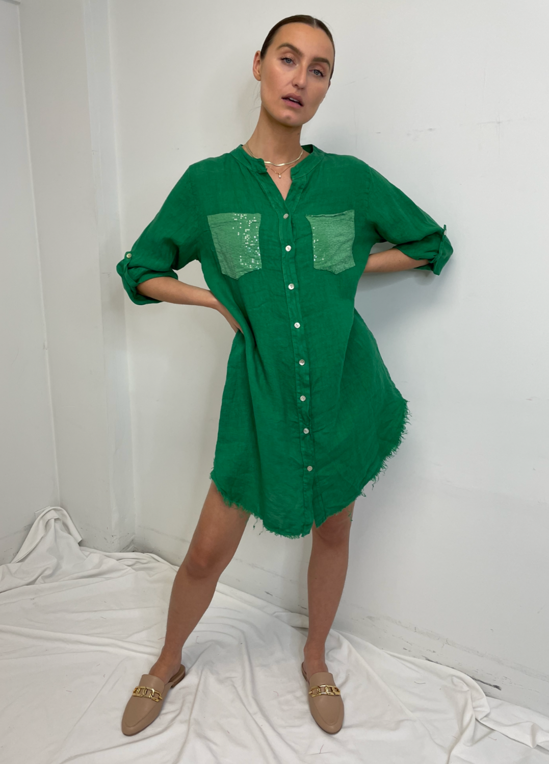 MINI Linen L/S Dress Sparkle Pocket Detail - Green