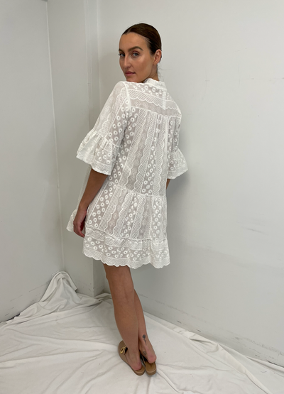 MINI L/S V-Neck Linen Crochet Dress - Ivory