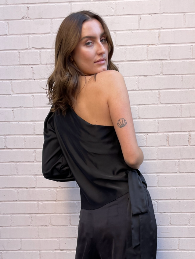 The Pink Door One Shoulder Bow Top - Black