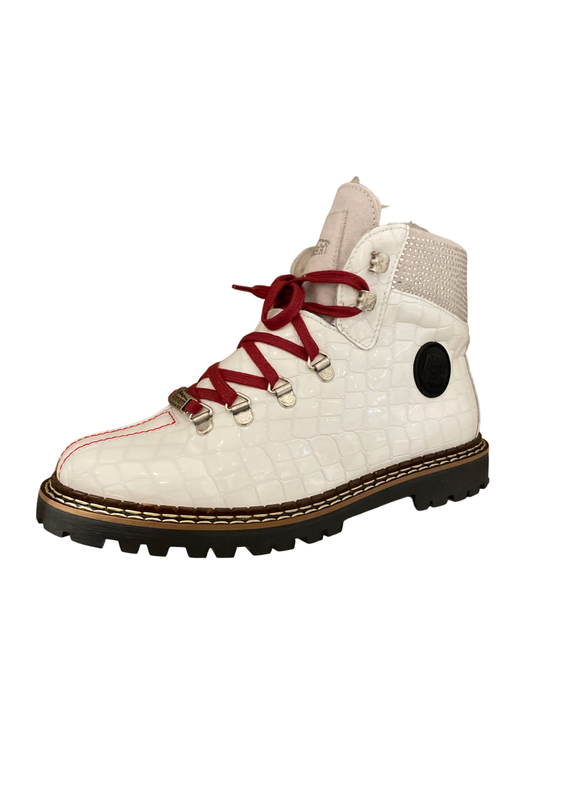 Ammann Town III White Croc Leather Ankle Boots w/ Rhinestones