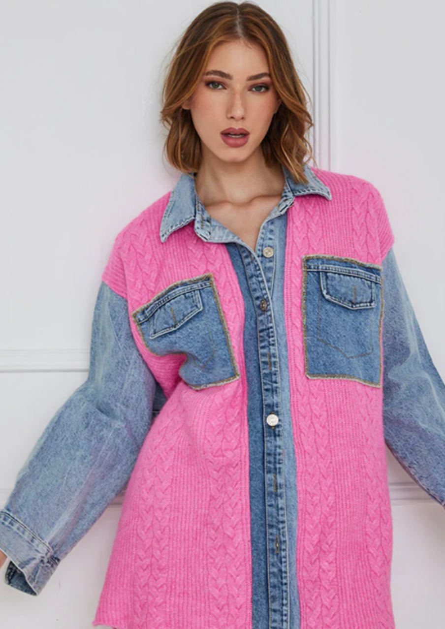 The Pink Door Pink Knitted Jacket w/ Denim Sleeve Detail