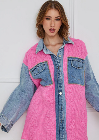 The Pink Door Pink Knitted Jacket w/ Denim Sleeve Detail