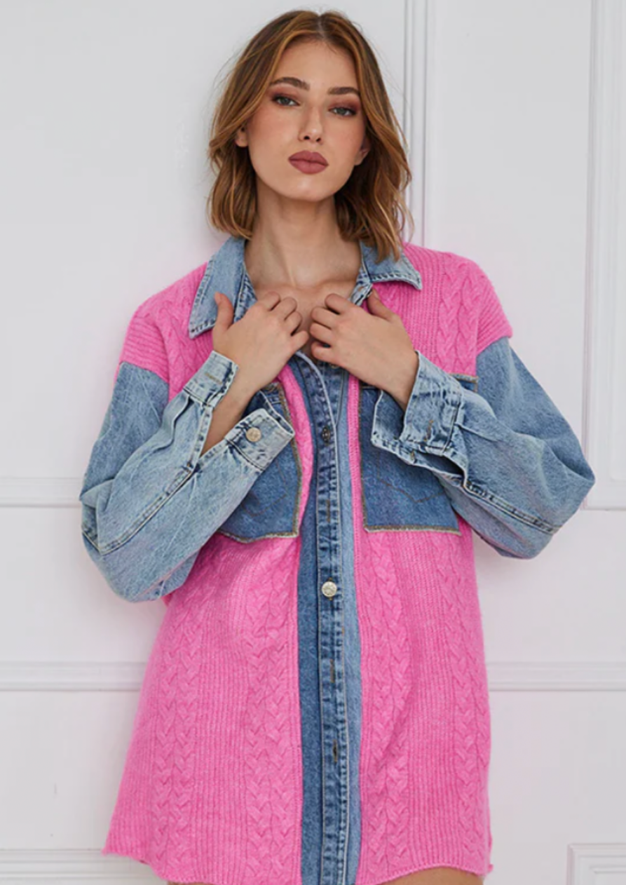 The Pink Door Pink Knitted Jacket w/ Denim Sleeve Detail