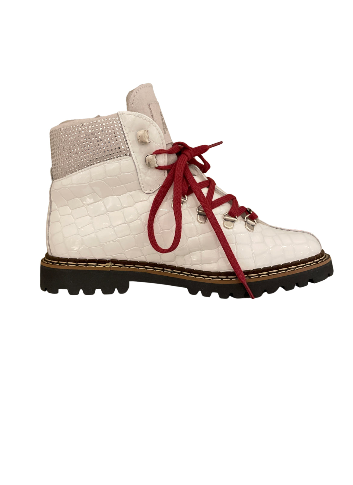 Ammann Town III White Croc Leather Ankle Boots w/ Rhinestones