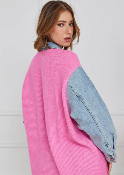 The Pink Door Pink Knitted Jacket w/ Denim Sleeve Detail