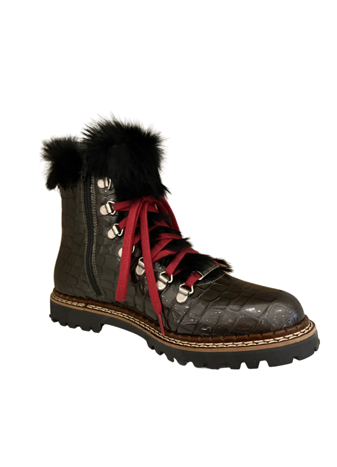 Ammann Splugen Black Fur Trim Croc Leather Ankle Boots