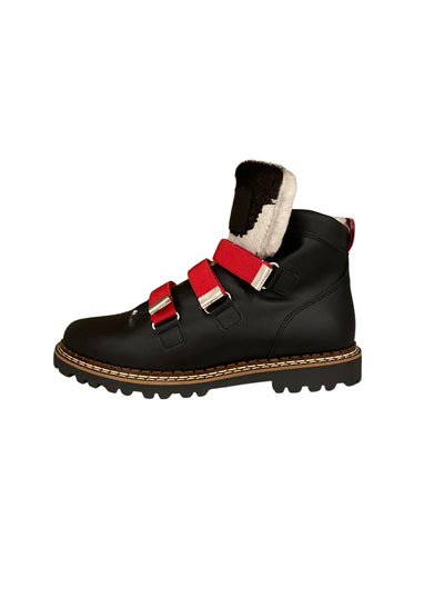 Ammann Lavin Black Smooth Leather Ankle Boots w/ Red Straps