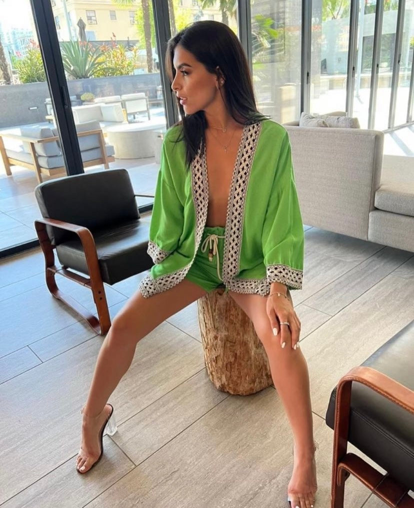 The Pink Door Embroidered Trim Kimono - Green