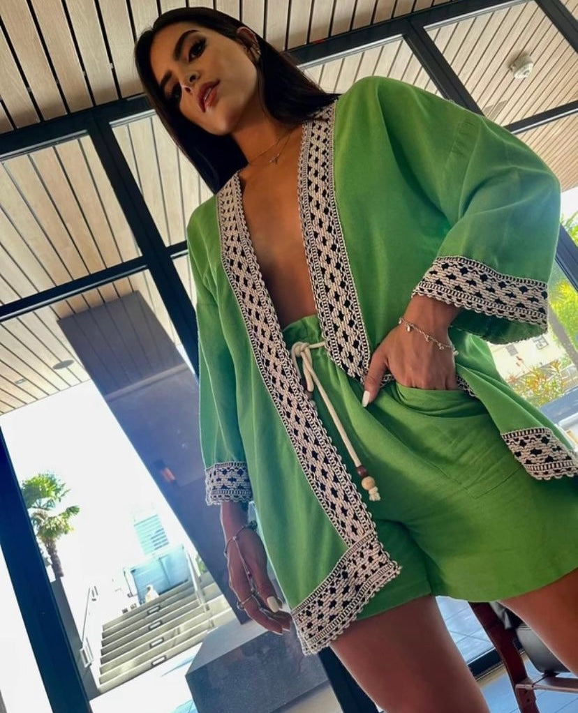 The Pink Door Embroidered Trim Kimono - Green