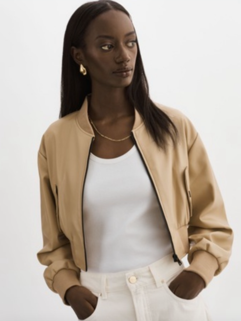 Lamarque Evelin Faux Leather Cropped Bomber Jacket - Wheat
