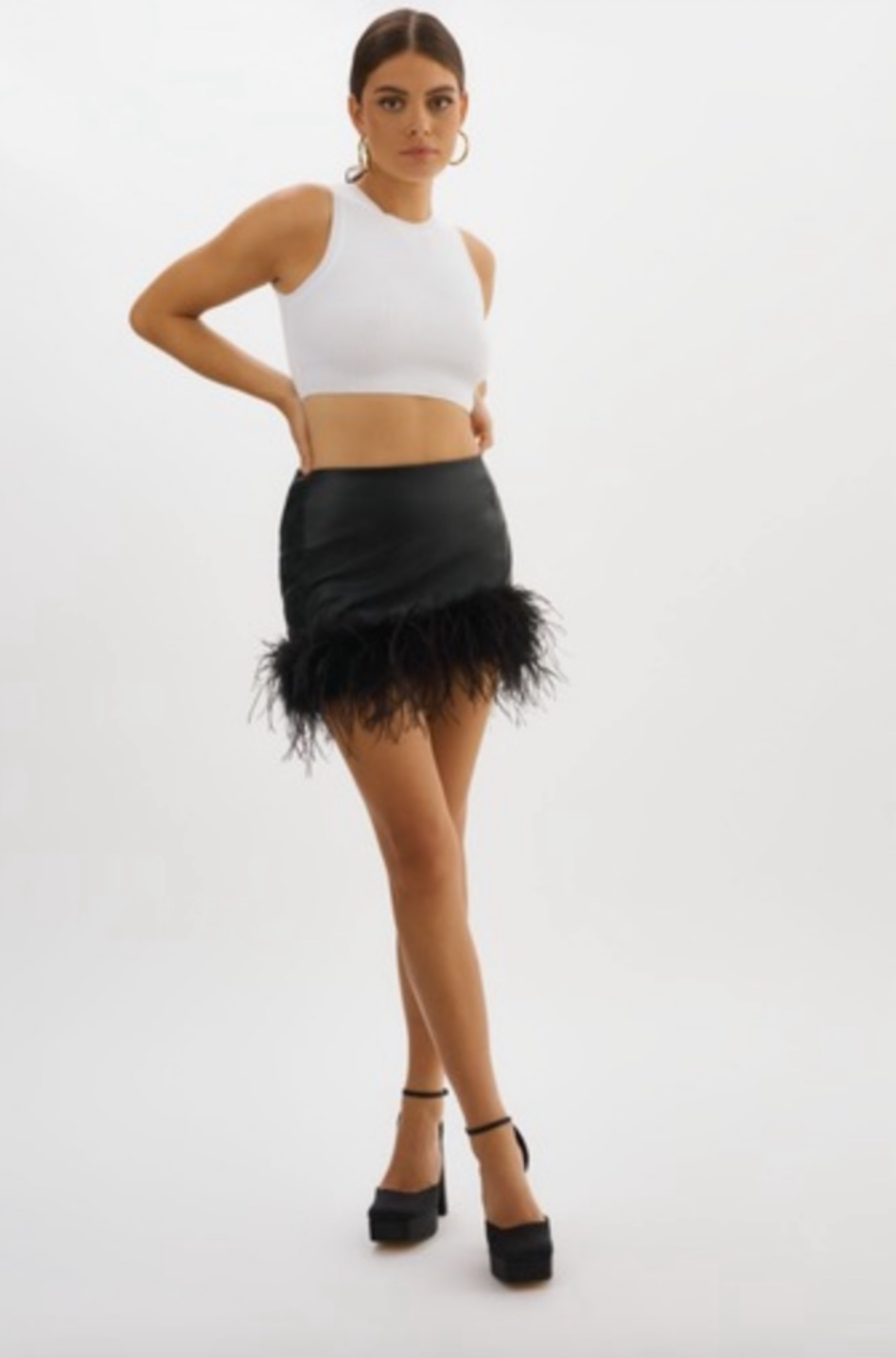 Lamarque Faux Leather Mini Skirt w Feather Trim - Black