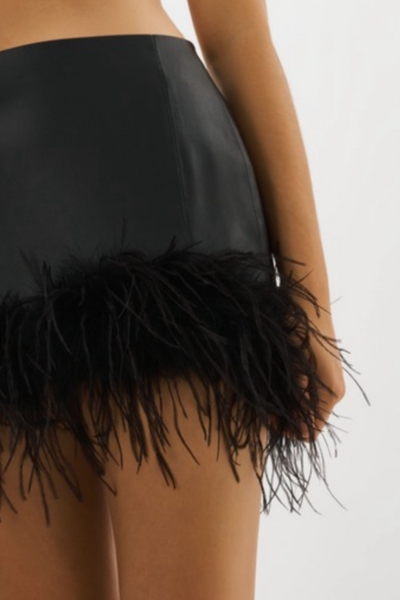 Lamarque Faux Leather Mini Skirt w Feather Trim - Black