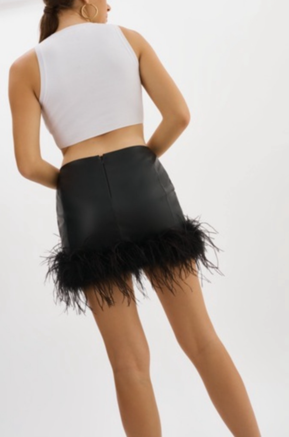 Lamarque Faux Leather Mini Skirt w Feather Trim - Black