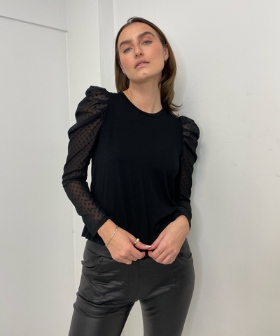 The Pink Door Polka Dot Sleeves Top - Black