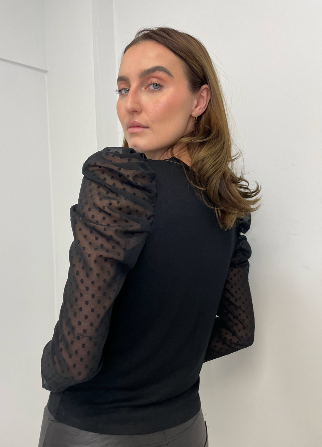 The Pink Door Polka Dot Sleeves Top - Black