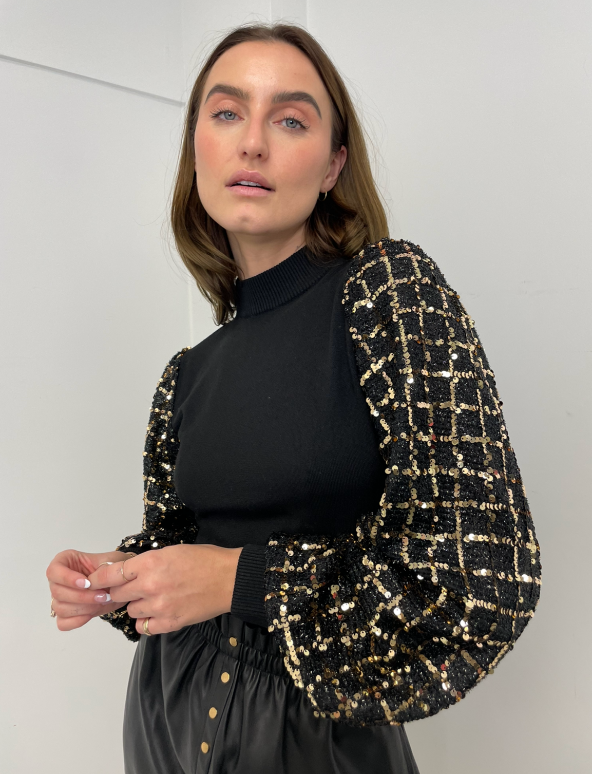 The Pink Door Gold & Black Sequin Sleeve Top