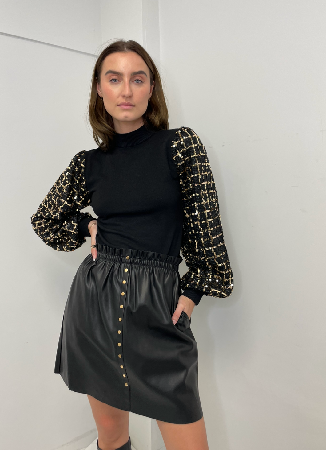 The Pink Door Gold & Black Sequin Sleeve Top