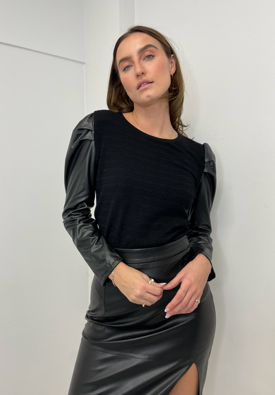 The Pink Door Pouf Faux Leather Sleeve Top