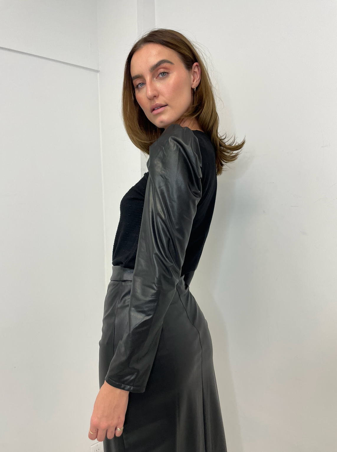 The Pink Door Pouf Faux Leather Sleeve Top