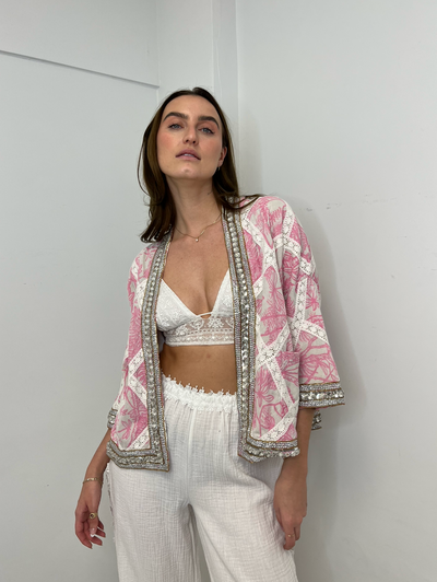 Las Noches Ibiza Print Rhinestone Kimono - Pink