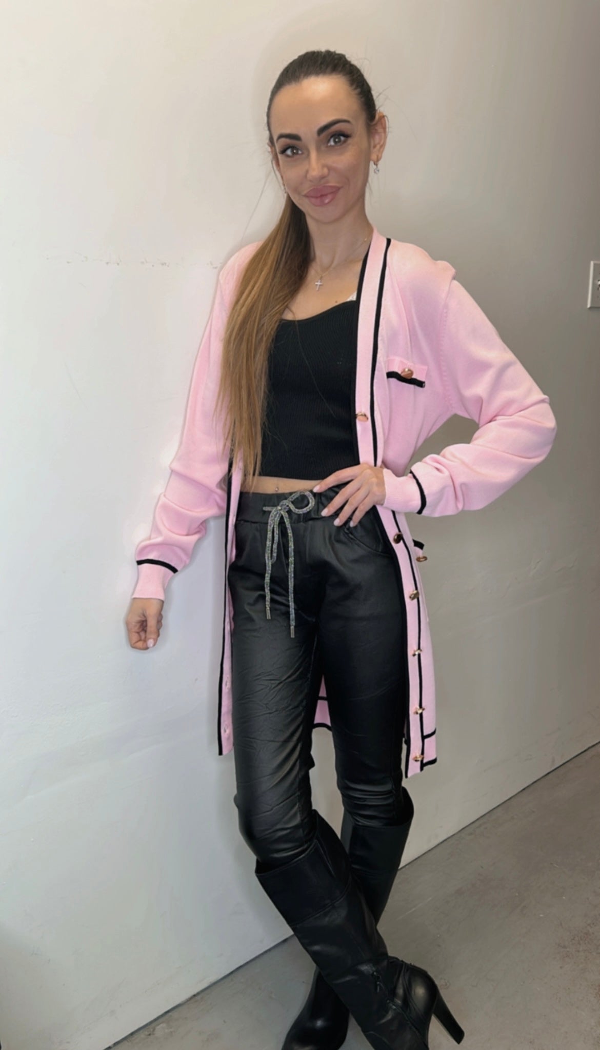 The Pink Door Pink Cardigan w/ Black Trim