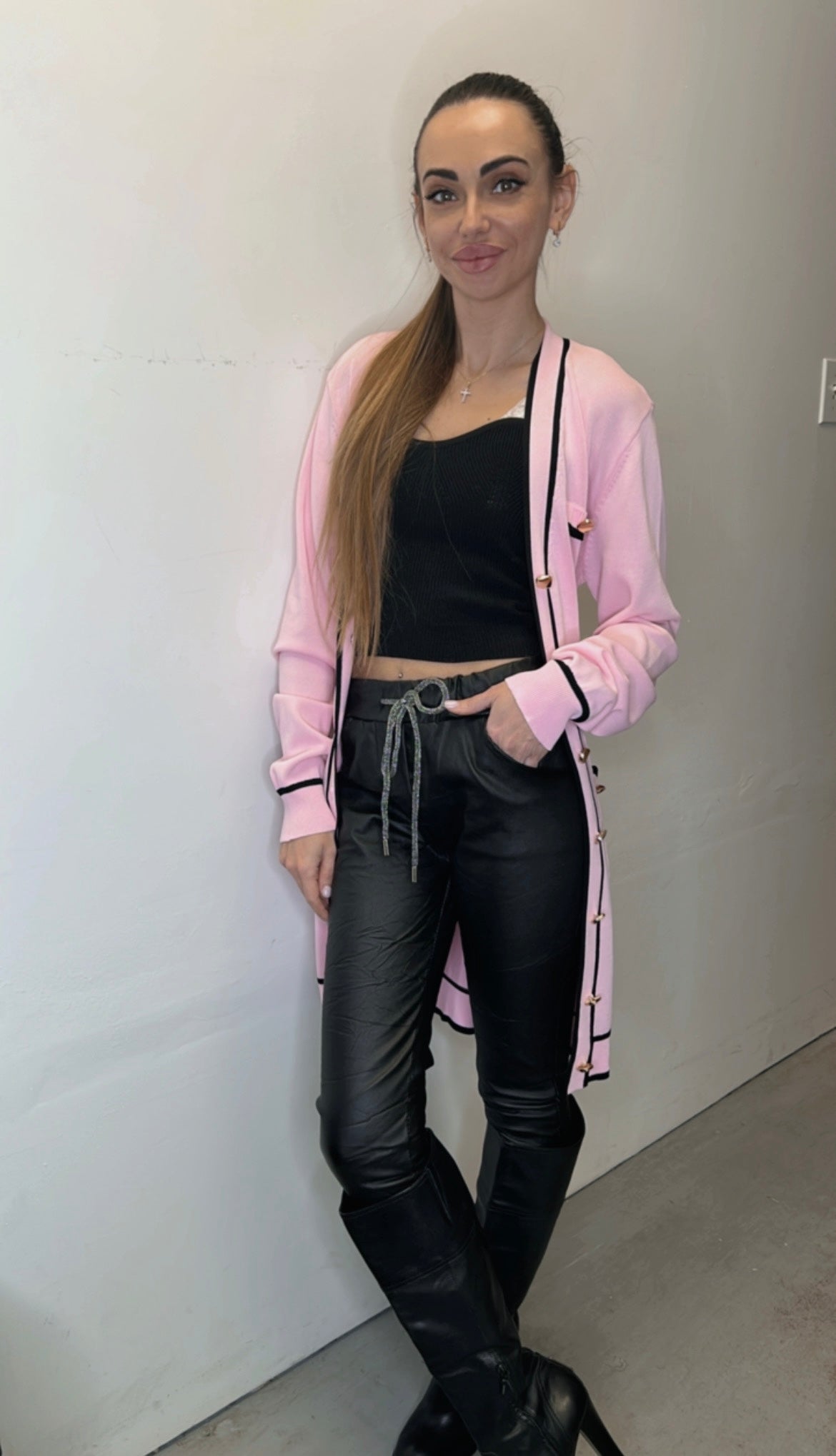 The Pink Door Pink Cardigan w/ Black Trim