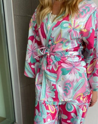 The Pink Door Silky Abstract Kimono - Pink- Green