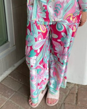 The Pink Door Abstract Silky Pants - Pink-Green