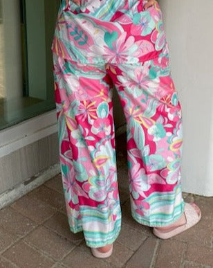 The Pink Door Abstract Silky Pants - Pink-Green