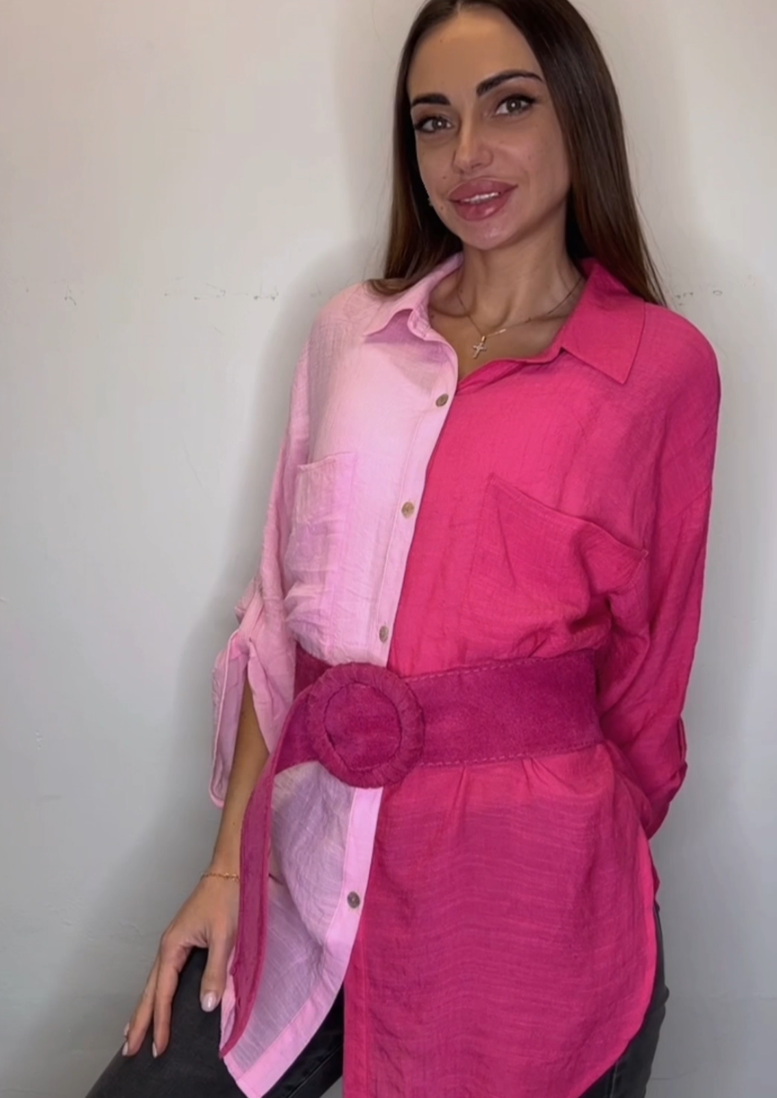 The Pink Door Colour Block Button Up Top - Pink/Fuchsia