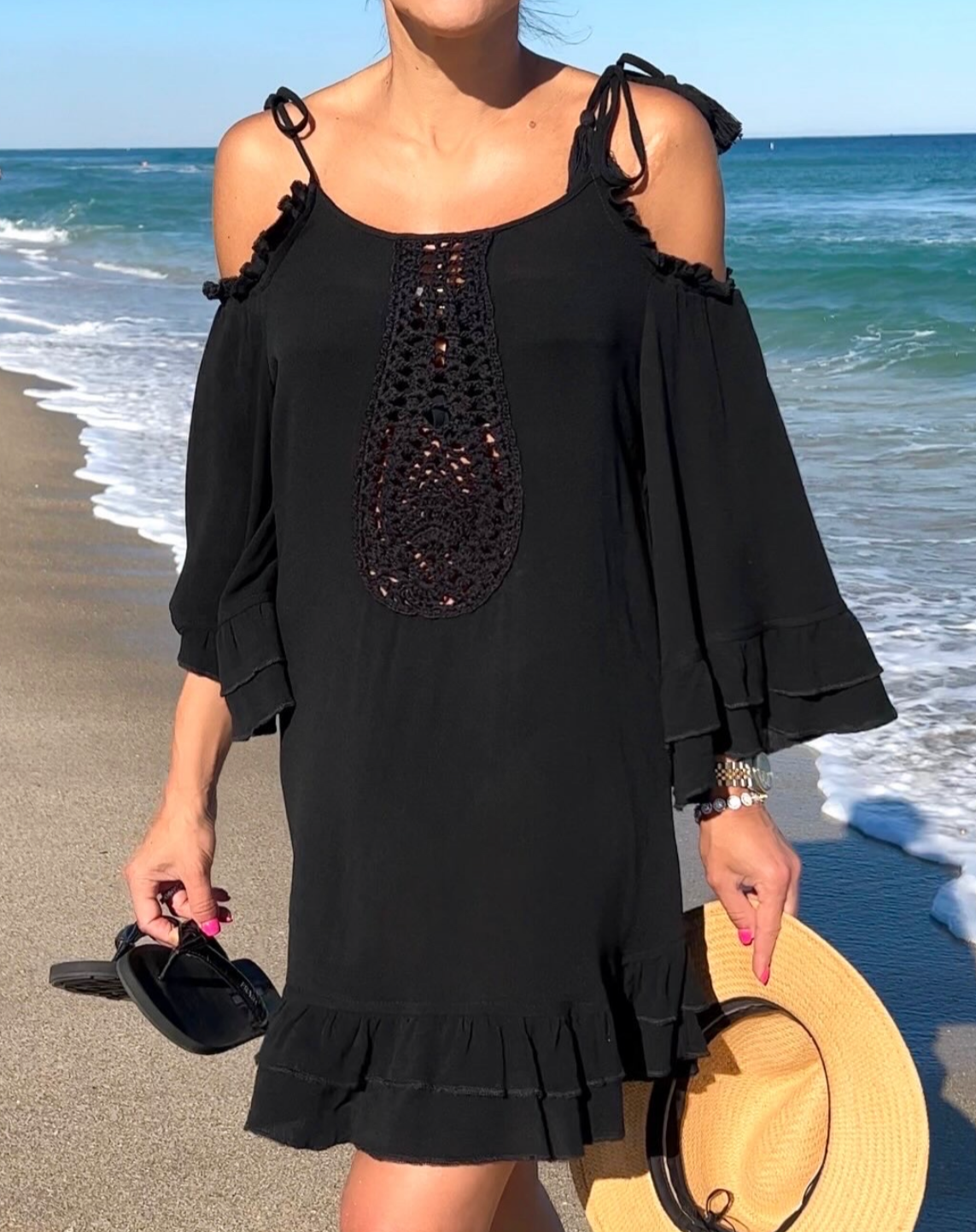 Surf Gypsy Cold Shoulder Beach Cover Up Dress - Black