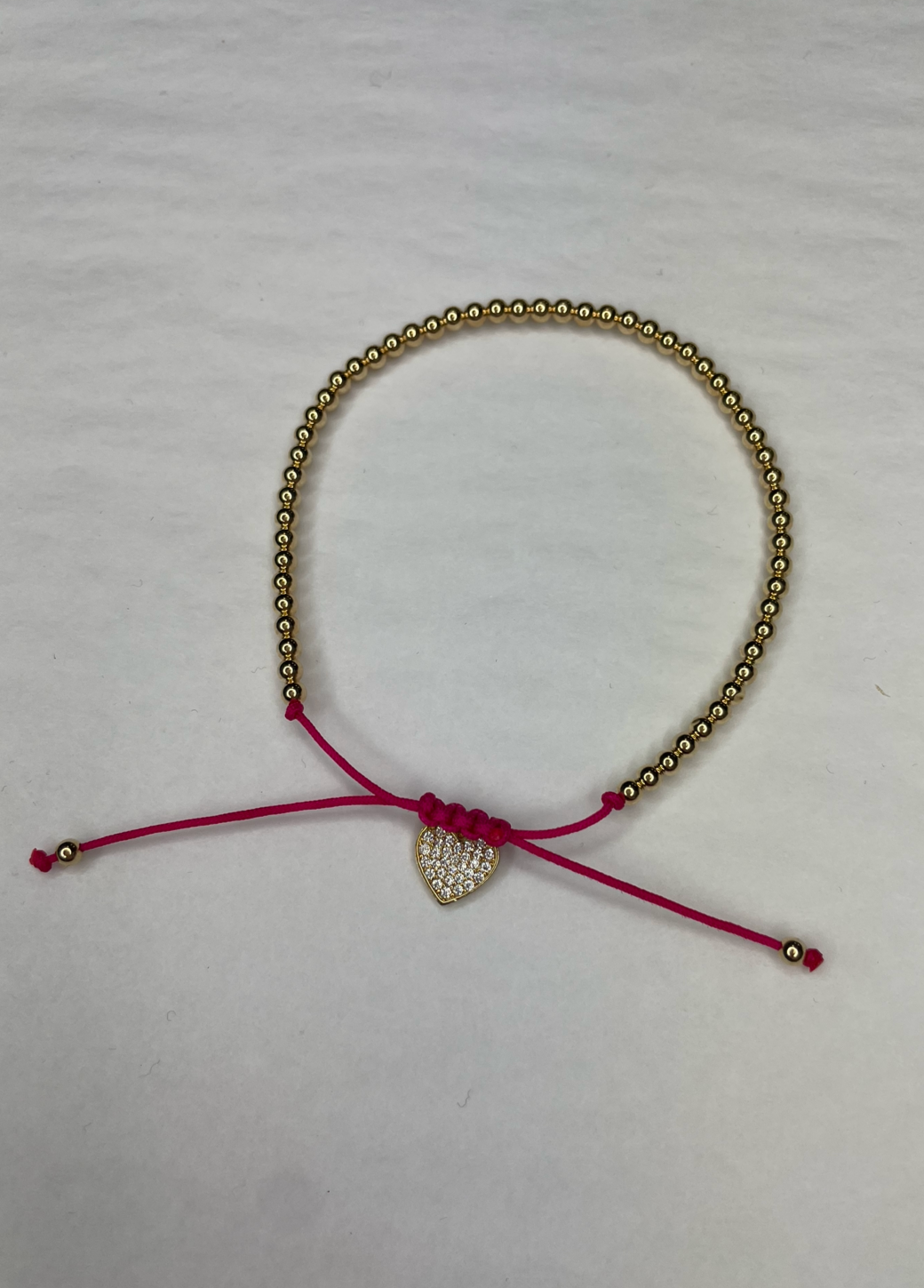 Gold Beaded Bracelet w/ Heart Charm/Pink String