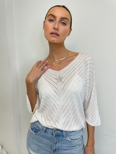 MINI Batwing Sleeve Top w Star Rhinestones - White