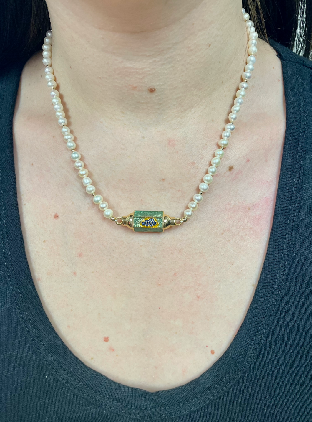 Pearl Necklace w/ Green Charm