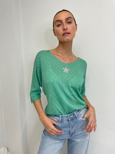 MINI Batwing Sleeve Top w Star Rhinestones - Green